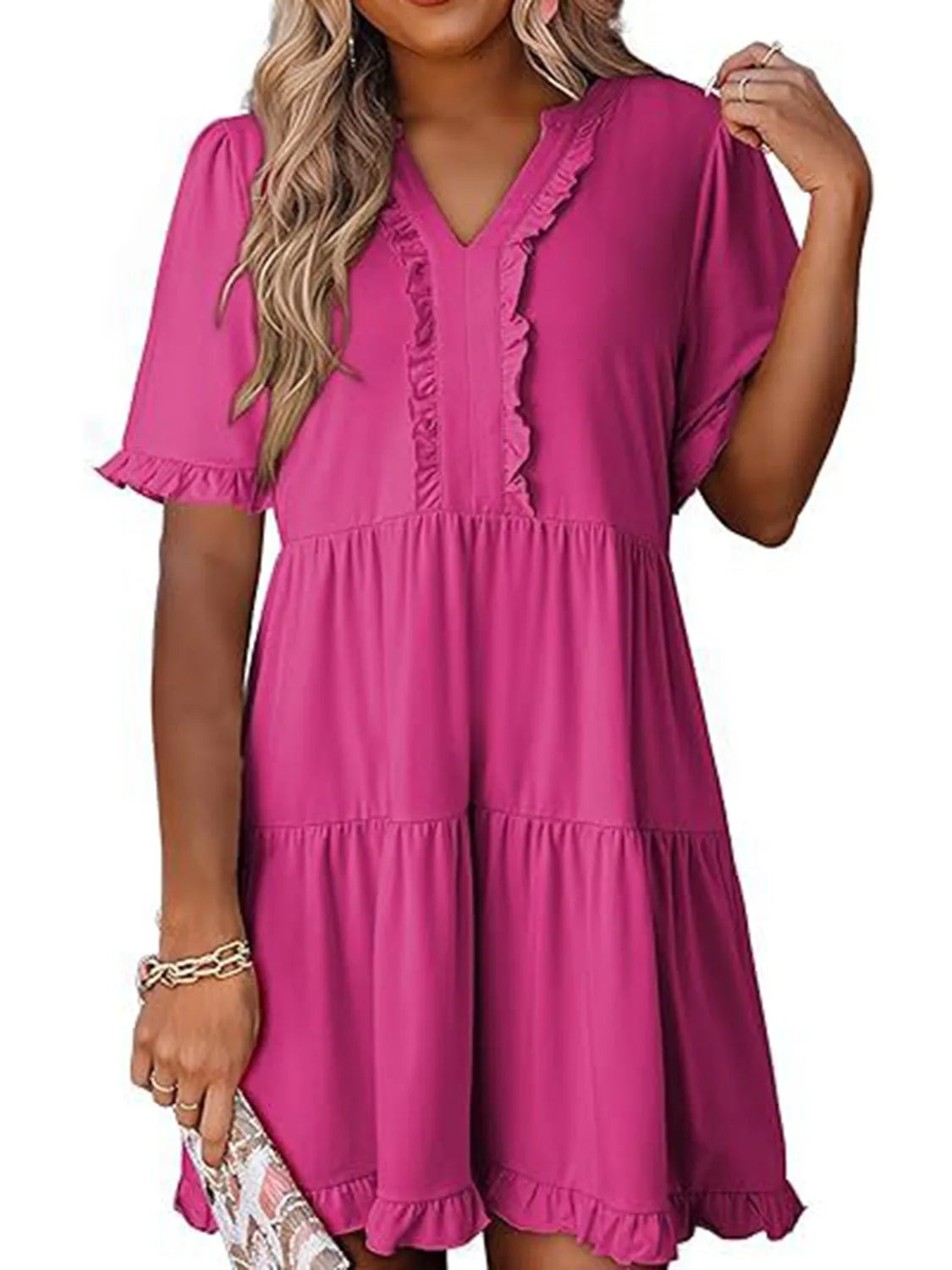 Tiered Notched Short Sleeve Mini Dress by Gen Beauty
