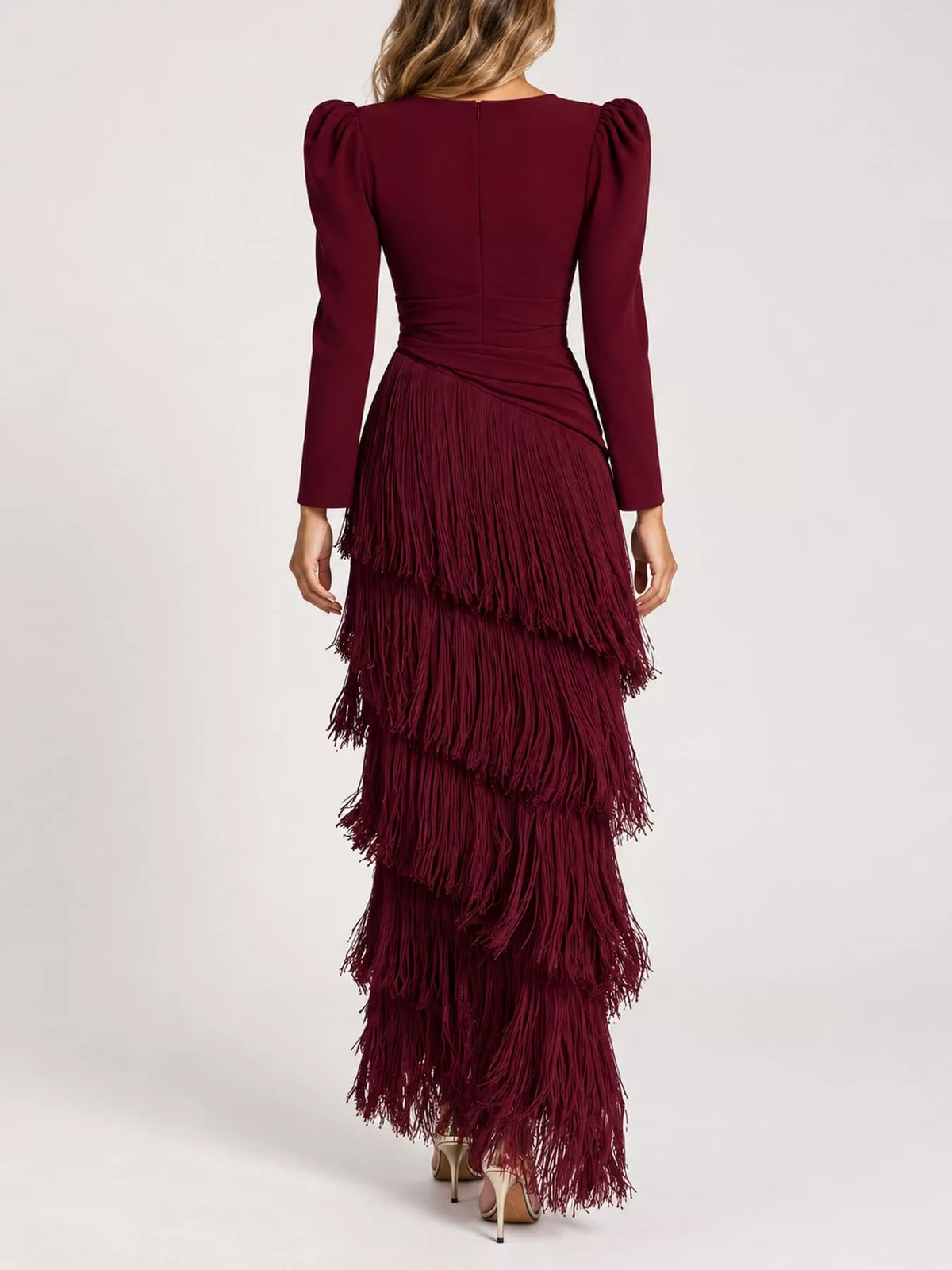 Fringed V-Neck Puff Sleeve Maxi Dress