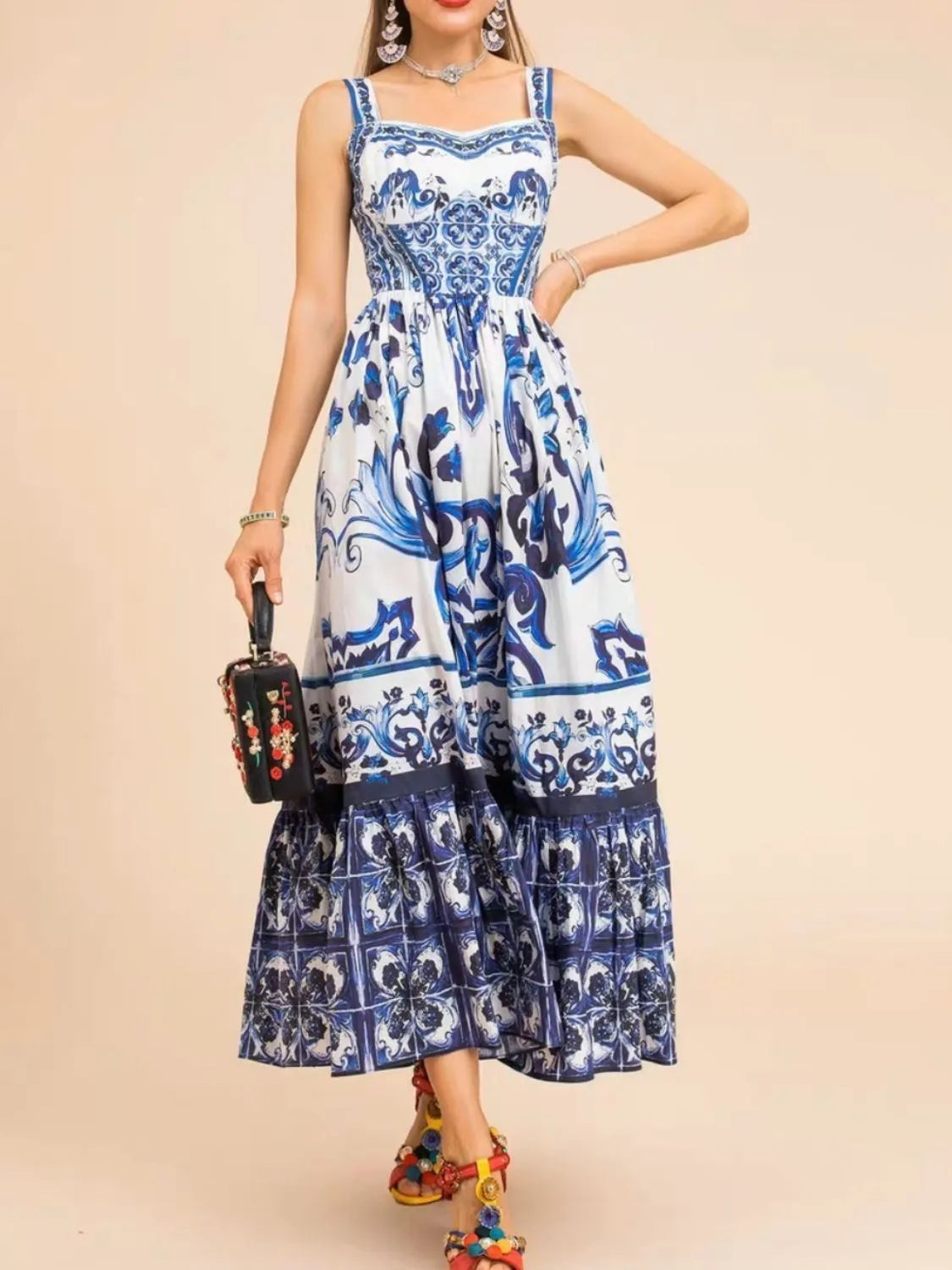 Smocked Ruched Wide-Strap Dress