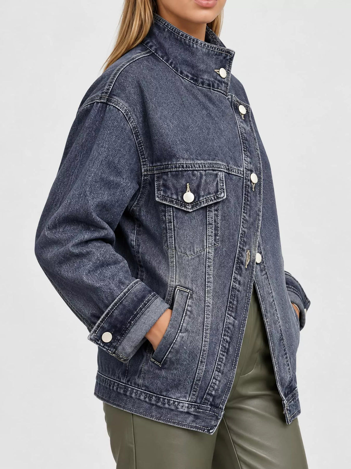 Asymmetric Stand Collar Denim Jacket