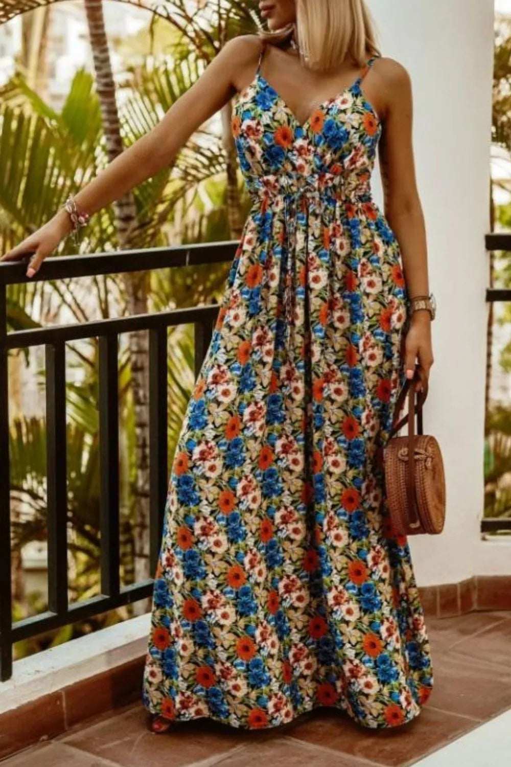 Smocked Spaghetti-Strap Printed Maxi Dress