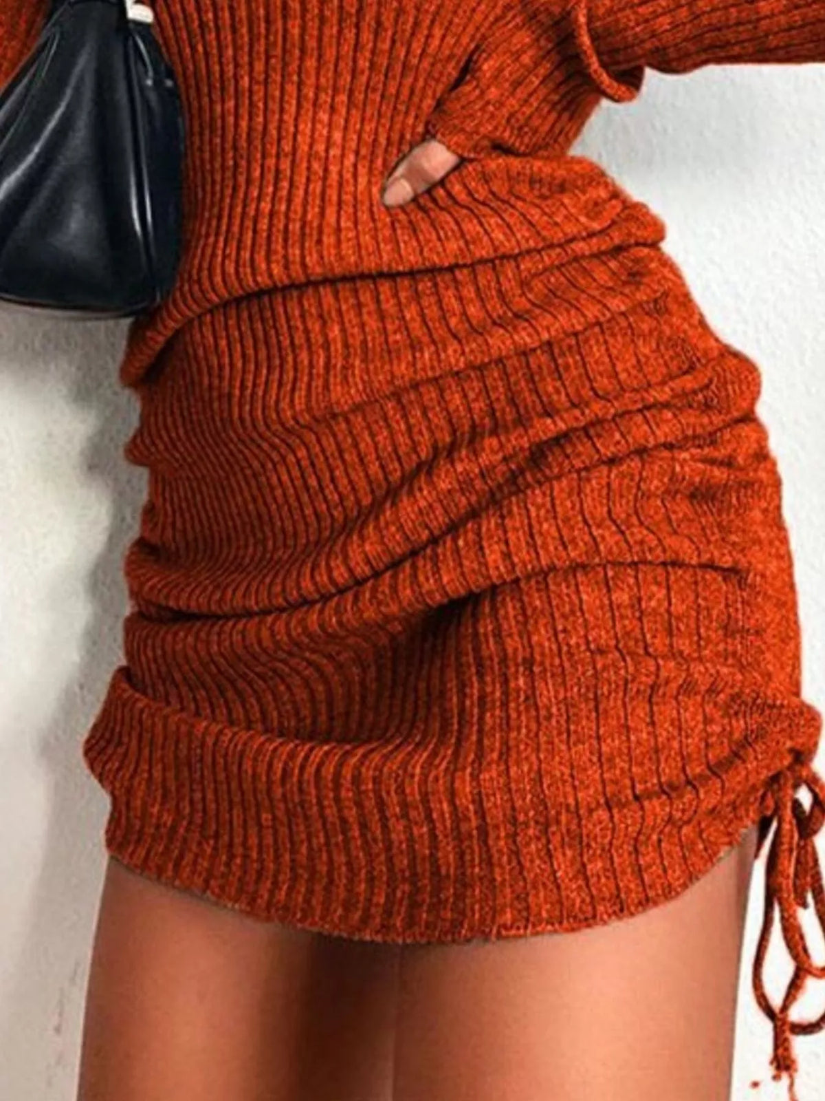 Ribbed Knit Drawstring Bodycon Sweater Dress