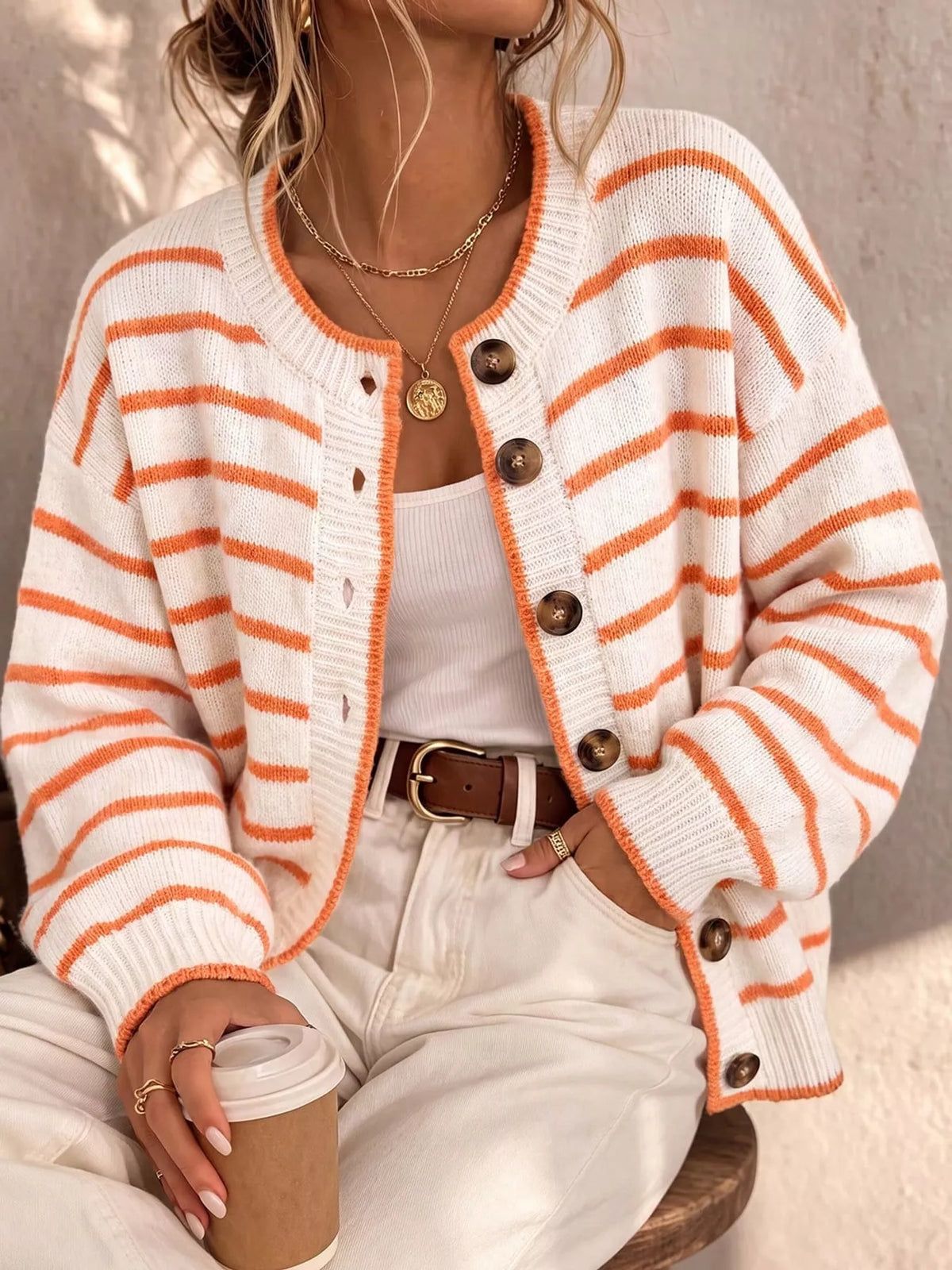 Striped Button-Front Knit Cardigan