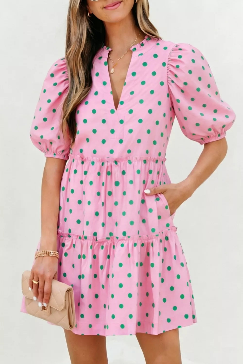 Polka Dot Tiered Mini Dress in Blush Pink