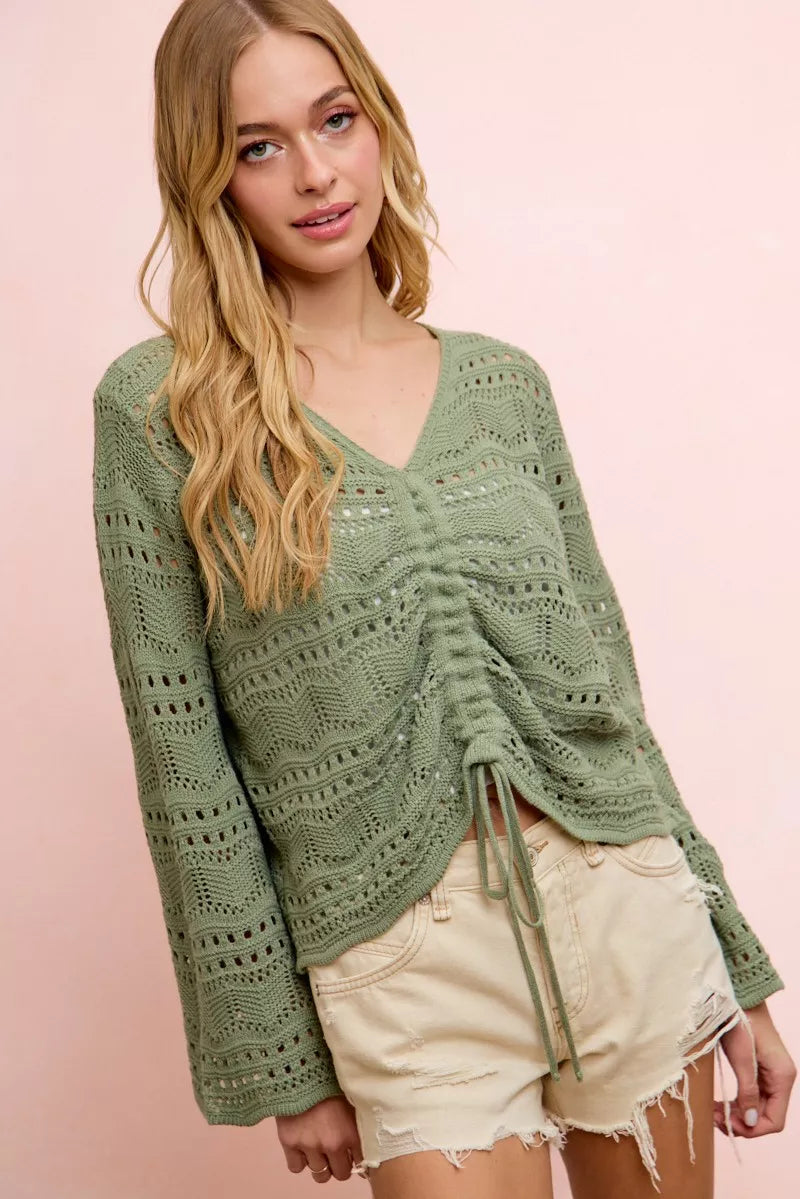 Pointelle V-Neck Ruched Top in Sage Green by BiBi