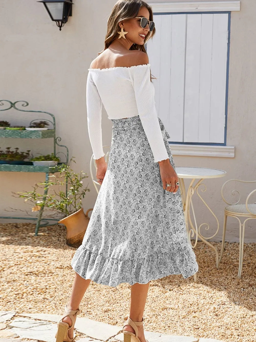 Printed Ruffled Midi Skirt