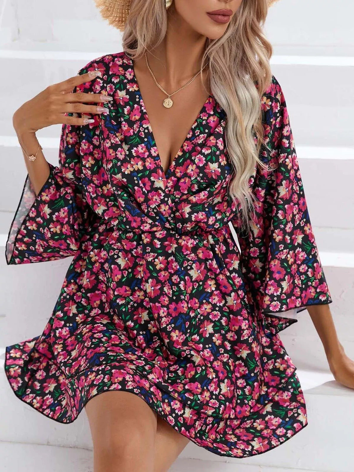 Floral Ruffle-Hem Tiered Mini Dress