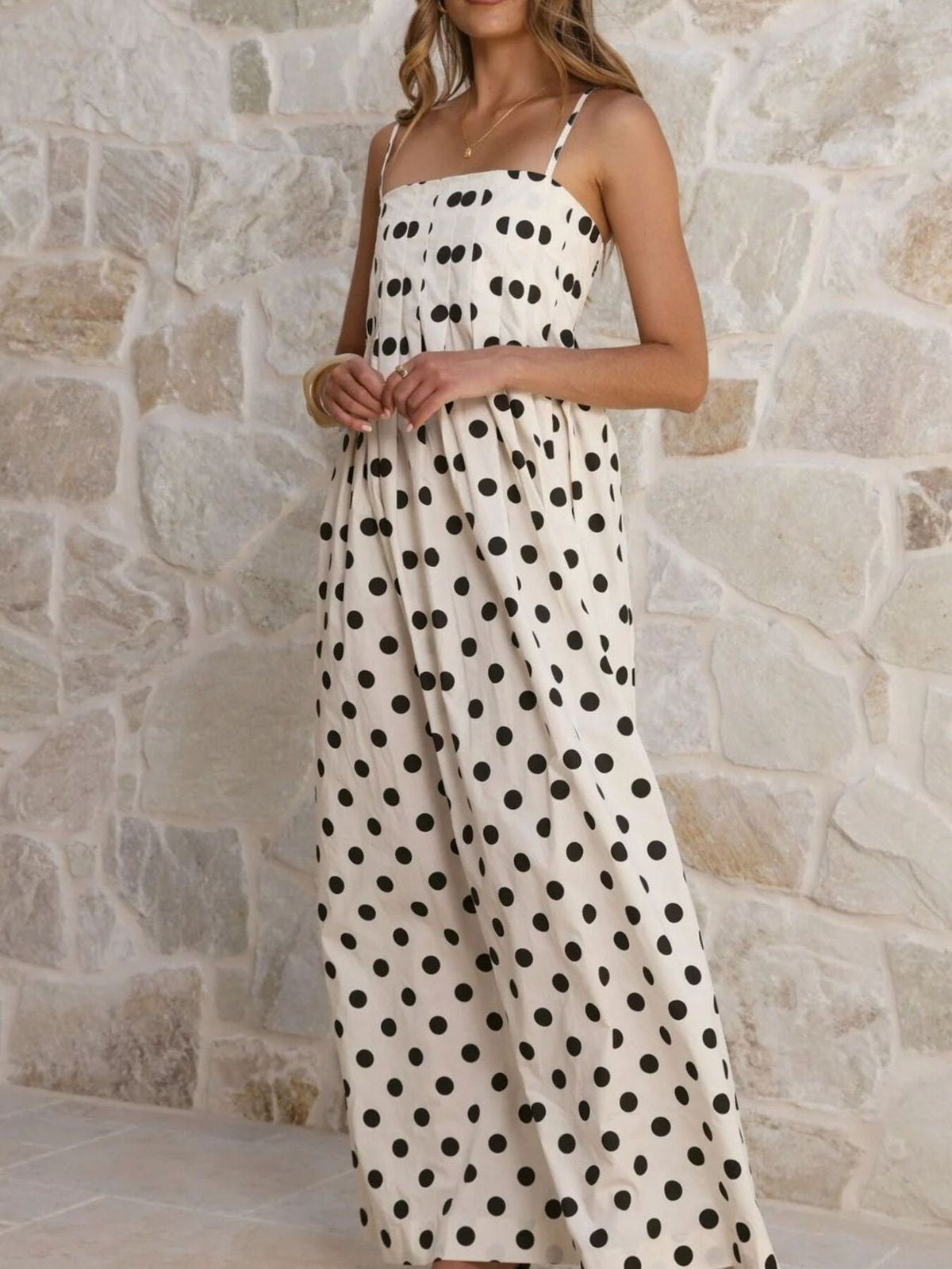 Pleated Polka Dot Maxi Dress