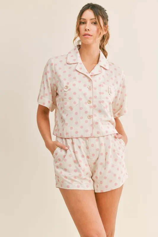 Polka Dot Collar Crop Top & Shorts Set in Pink