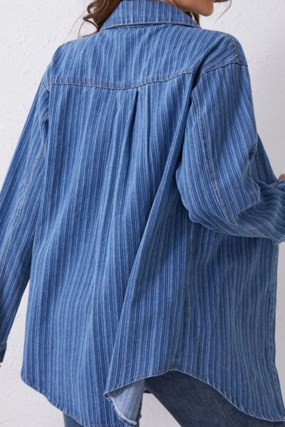 Striped Collared Denim Top in Medium Wash by Y.Y@Denim