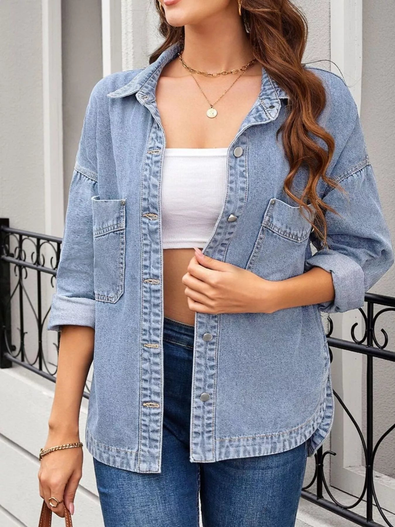 Loose Fit Button-Up Denim Jacket with Pockets by Moni Wear
