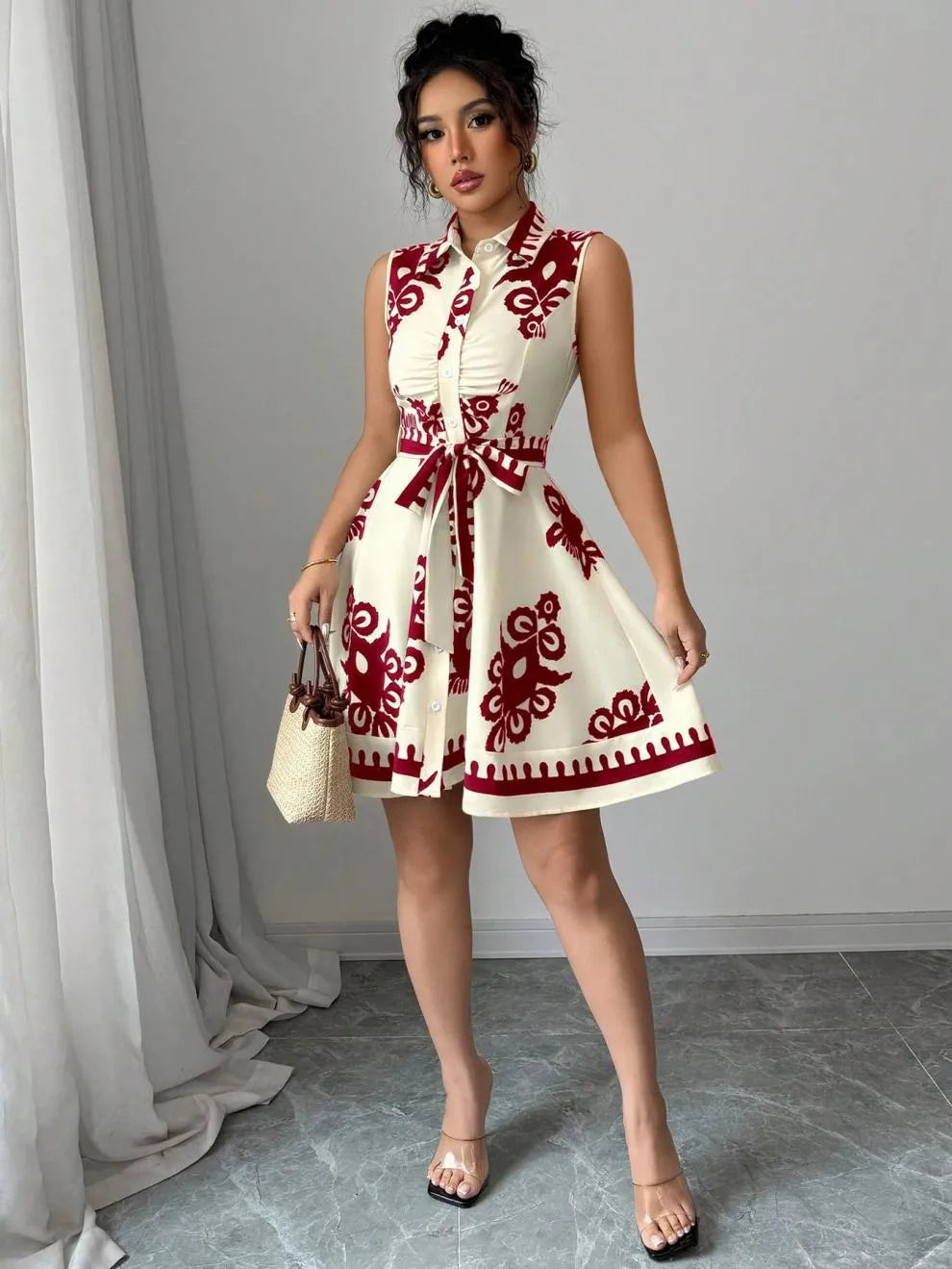 Printed Button-Front Sleeveless Dress