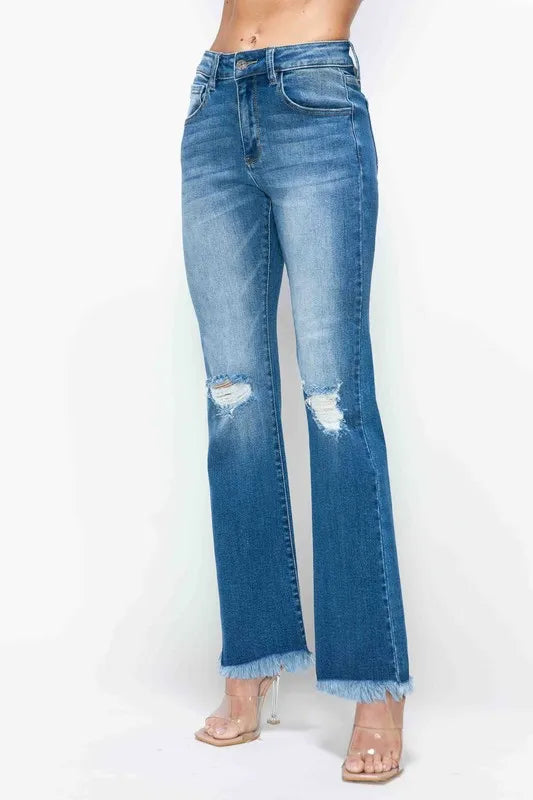 Raw Hem Distressed High Rise Bootcut Jeans in Medium Wash