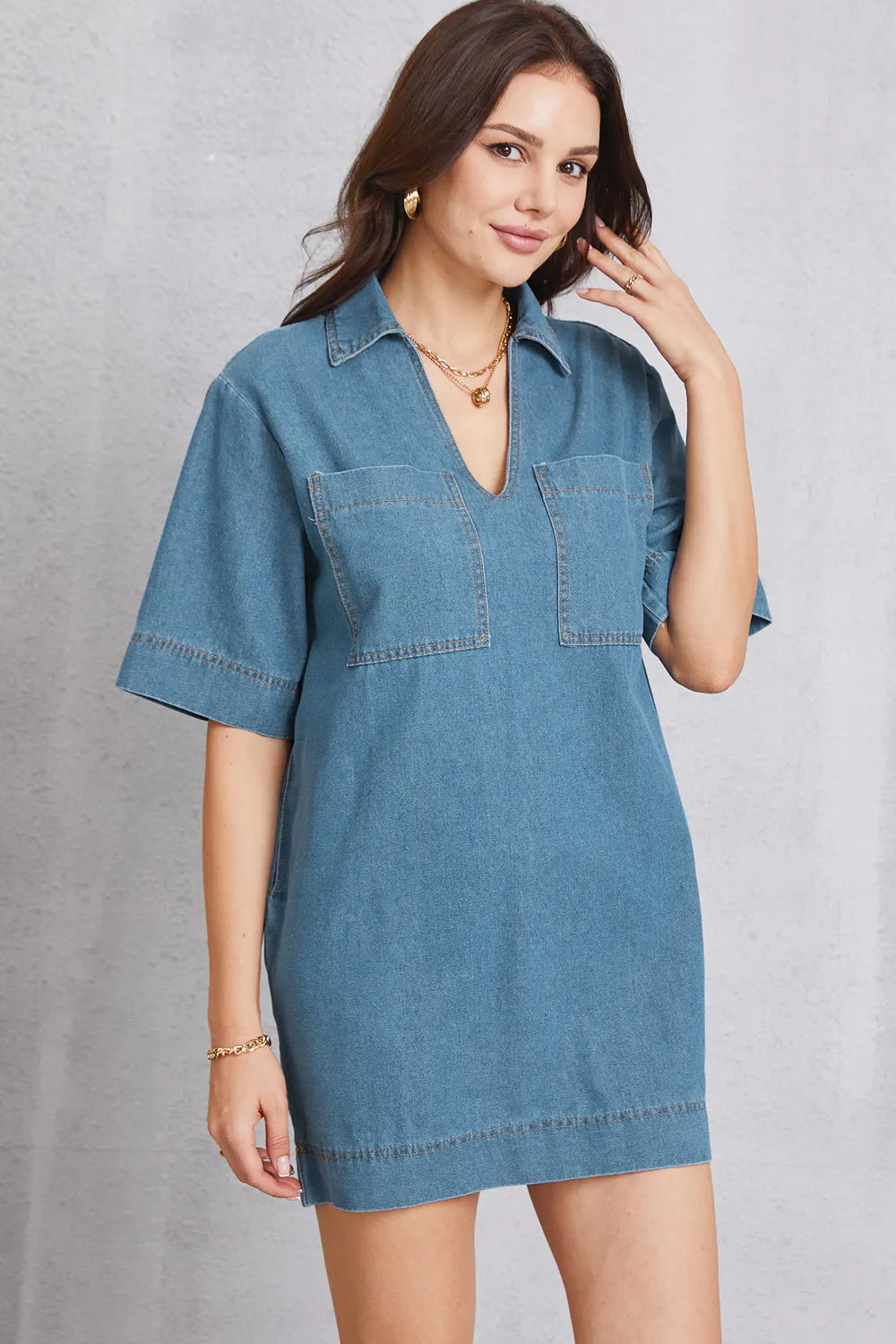 Pocketed Collared Mini Denim Dress in Medium Wash by Y.Y@Denim