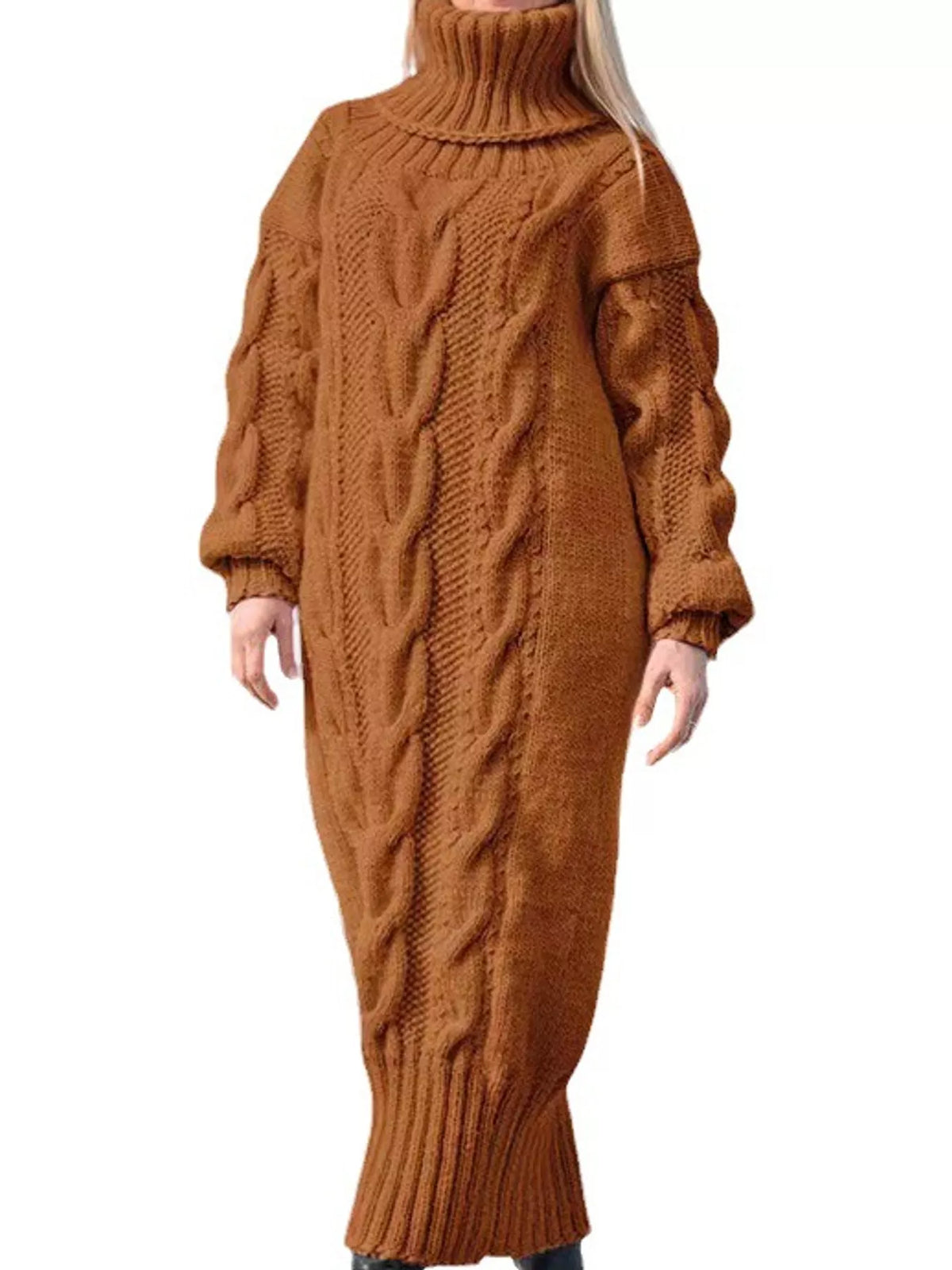 Oversized Chunky Cable Knit Turtleneck Sweater Dress