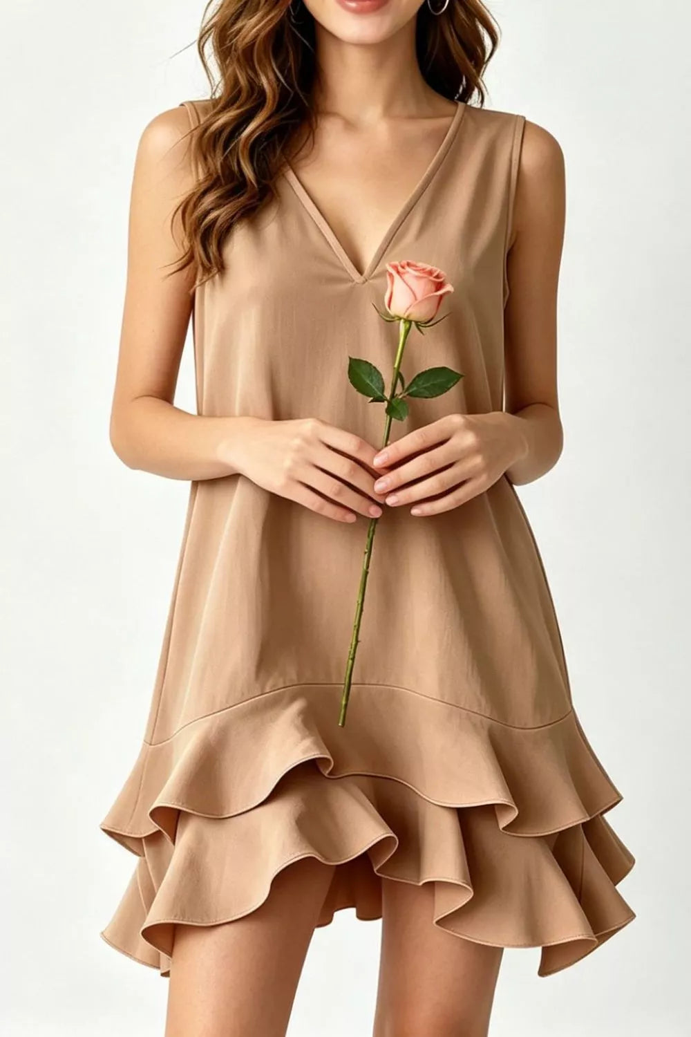 Sleeveless V-Neck Ruffle Hem Mini Dress in Taupe