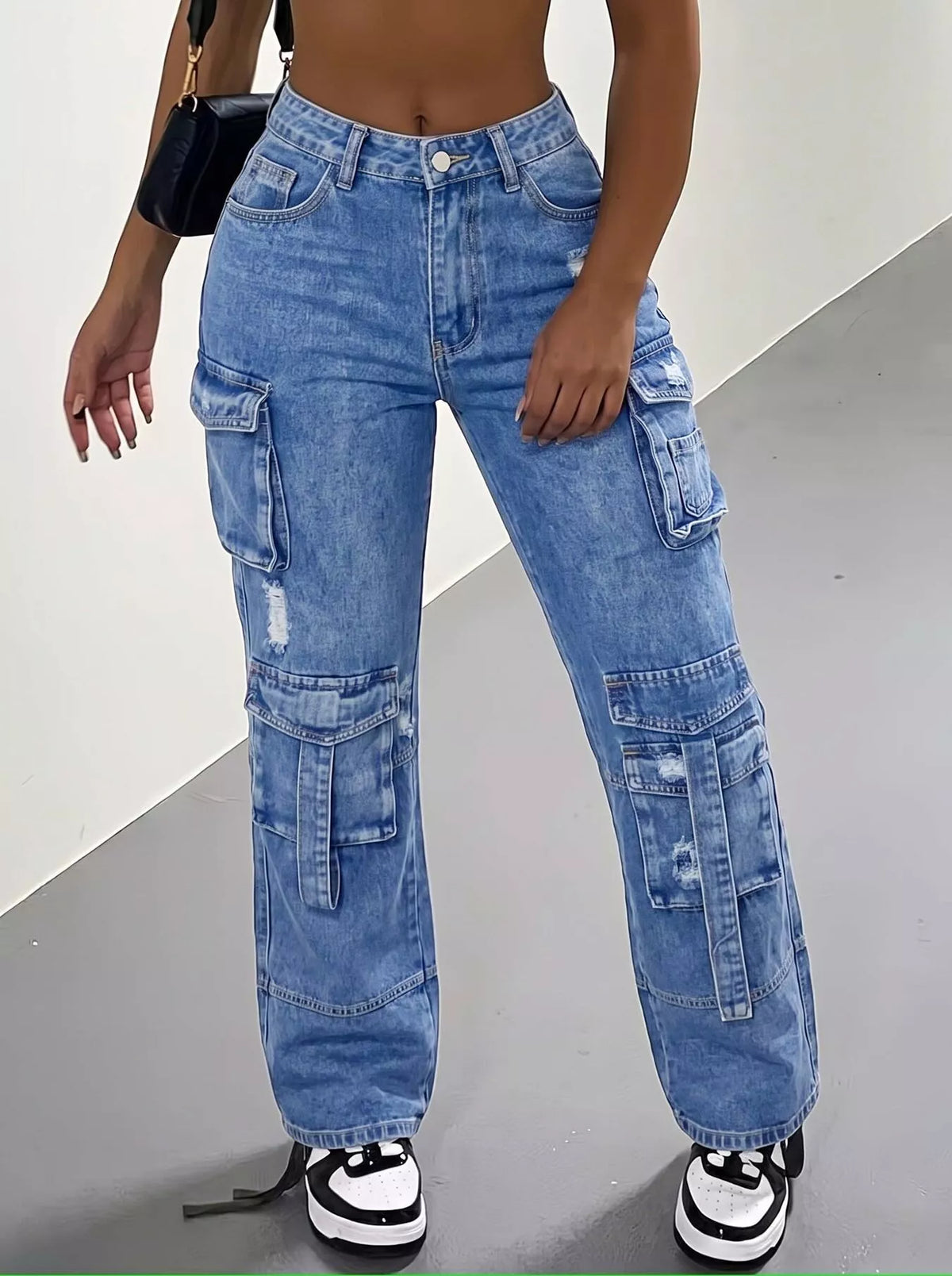 High-Waisted Distressed Cargo Jeans in Dark Blue