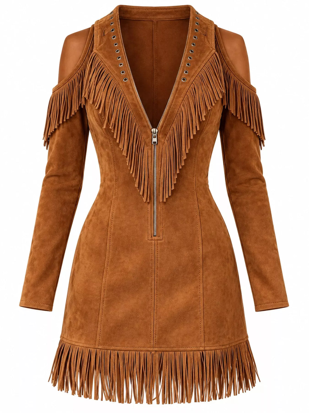 Fringed Cold-Shoulder Zip-Front Mini Dress