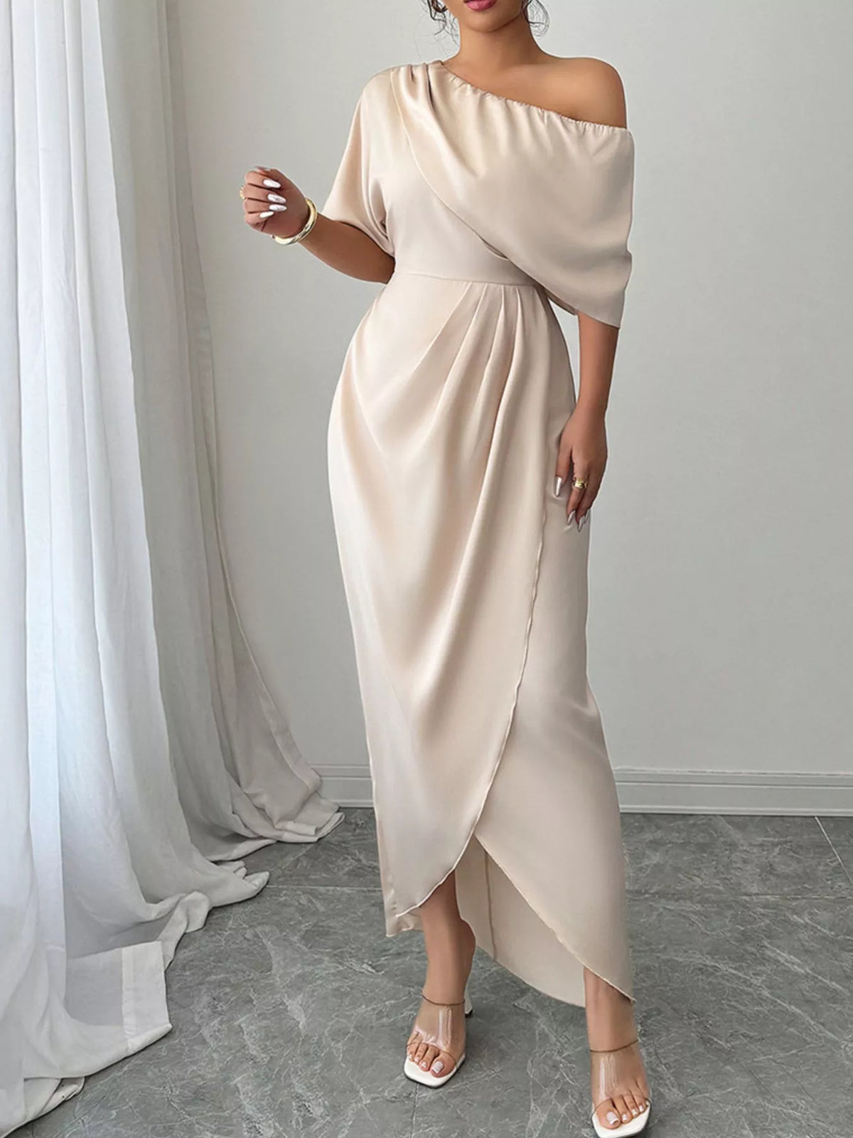 One-Shoulder Satin Maxi Dress in Champagne in Champagne Color