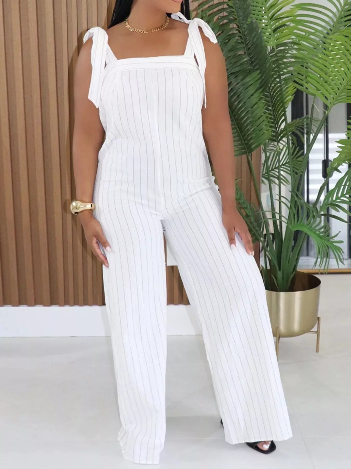 Striped Tie-Shoulder Wide-Leg Jumpsuit in White