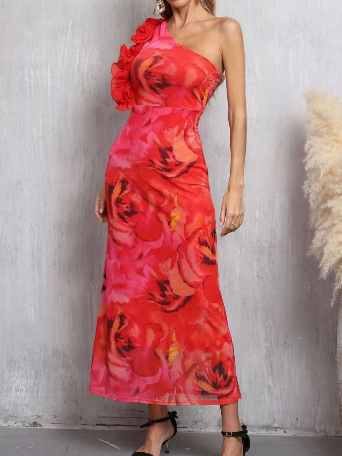 Floral One Shoulder Ruffle Trim Dress in Red
