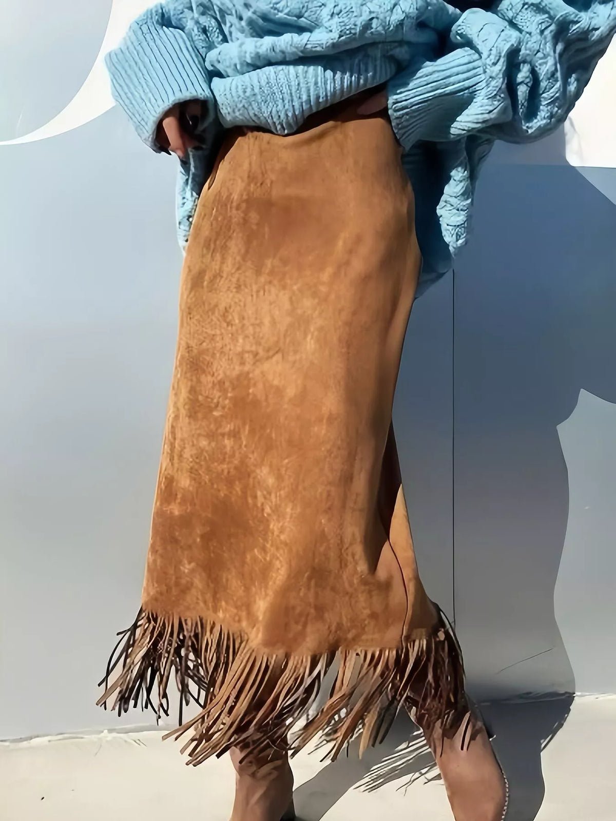 High-Waisted Suede Fringe Midi Skirt