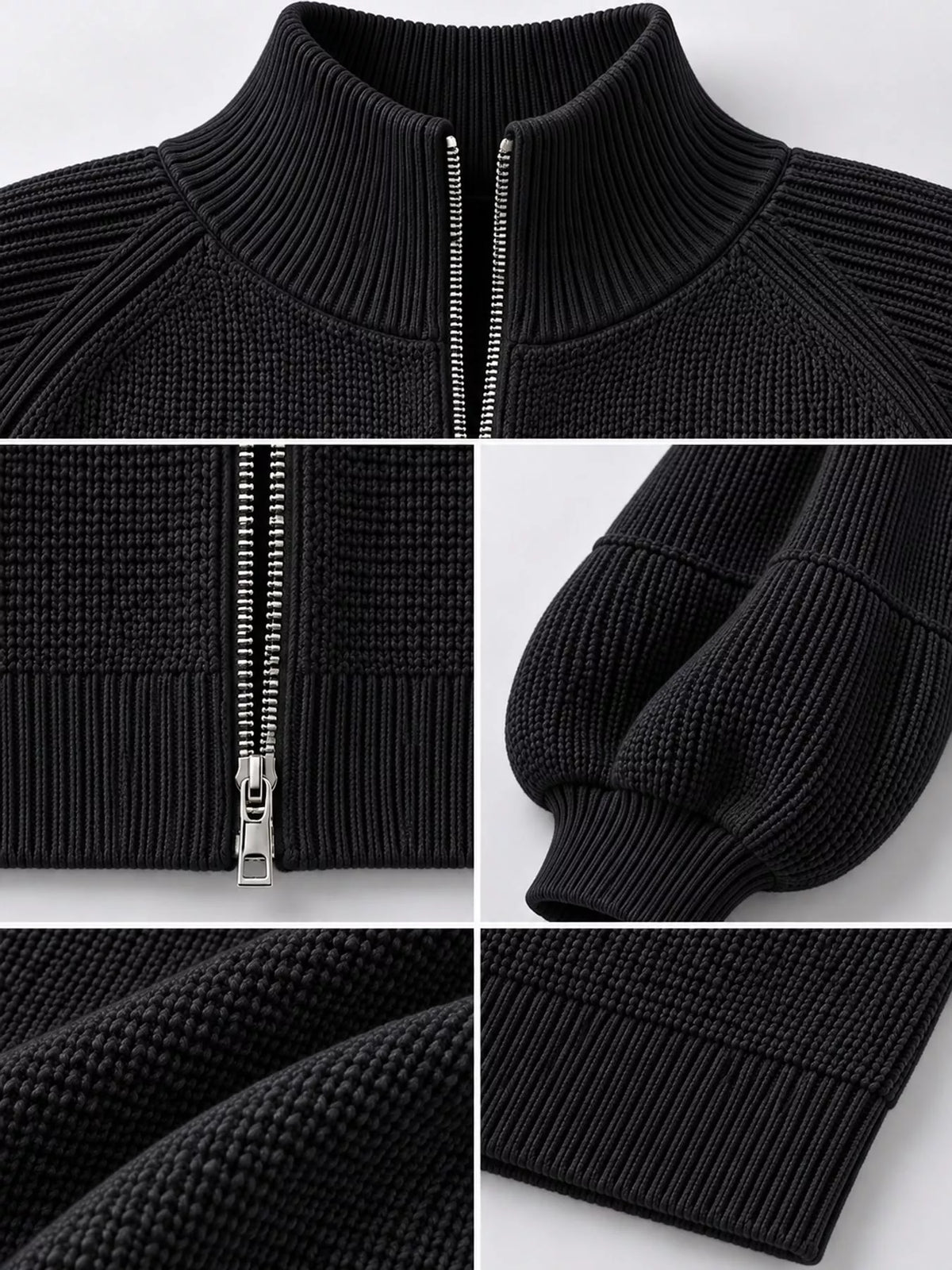 Ribbed Knit Zip-Up Cardigan with Lantern Sleeves