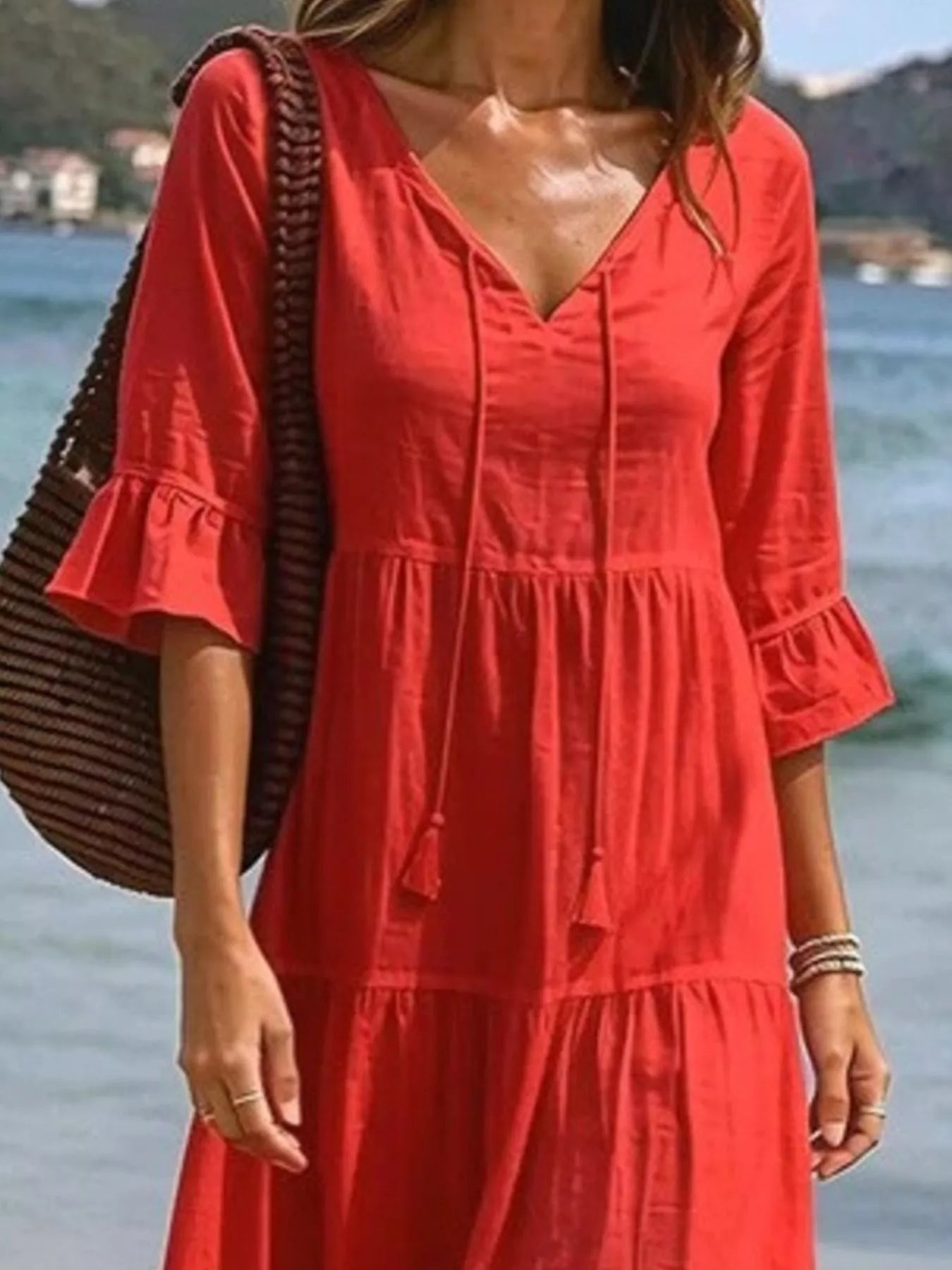 Tie-Neck Flounce Sleeve Tiered Dress