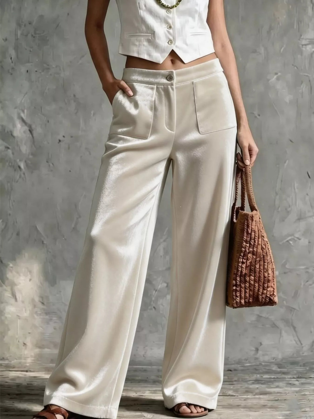 High-Waisted Wide-Leg Velvet Pants with Front Pockets