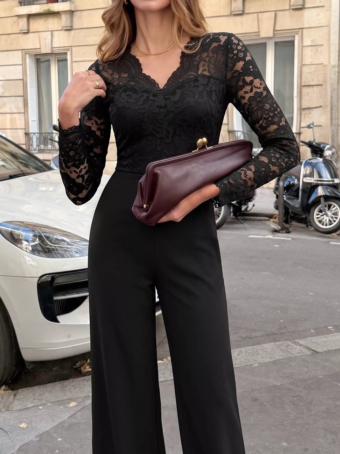 Lace Long Sleeve Wide-Leg Jumpsuit in Black