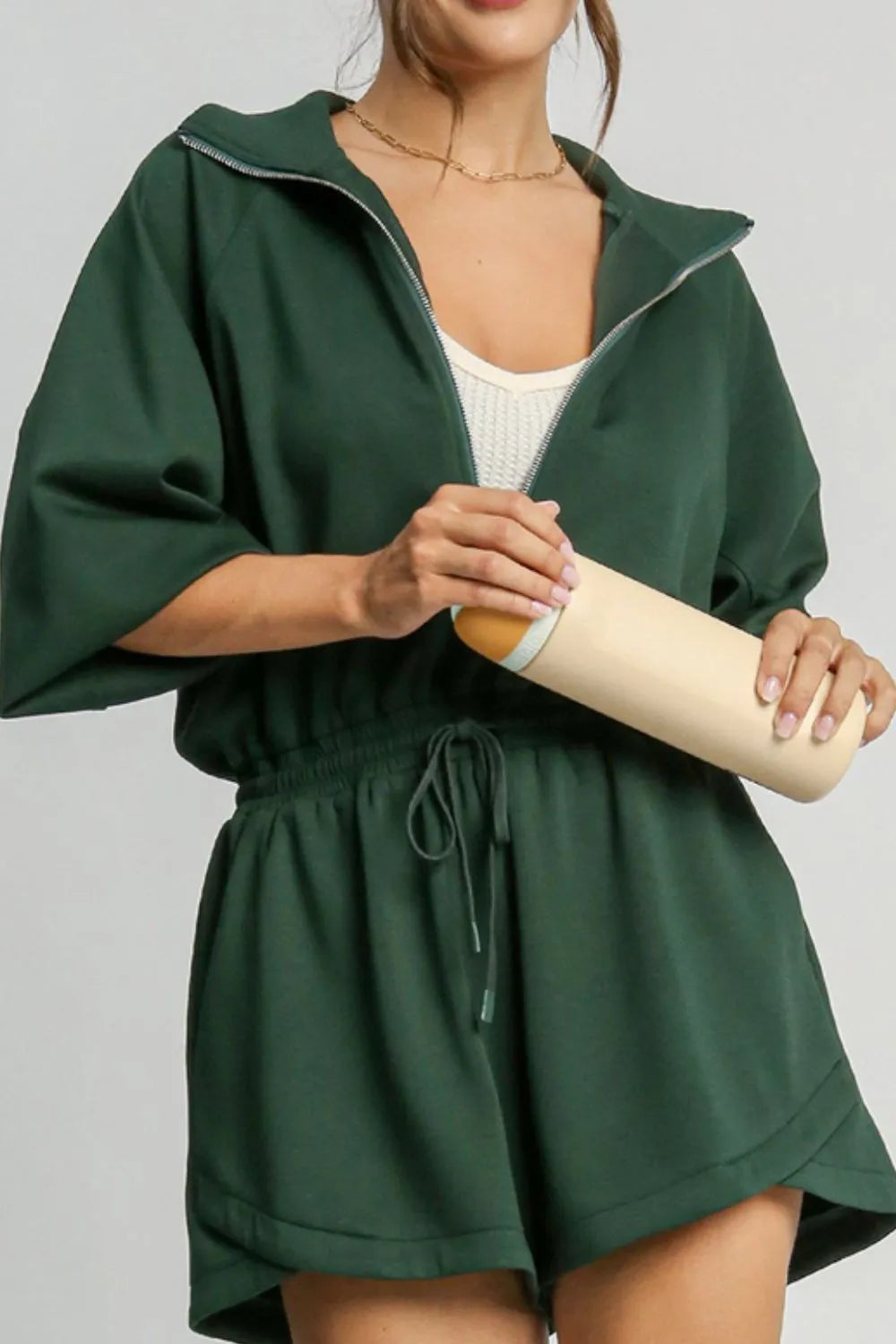 Drawstring Half-Zip Long Sleeve Romper in Dark Green