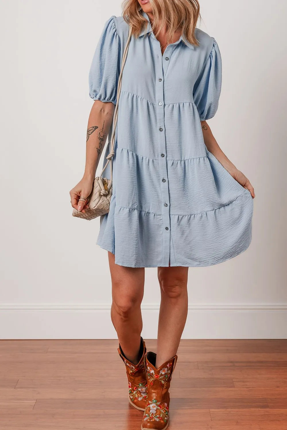 Button-Up Tiered Shirt Dress in Light Blue