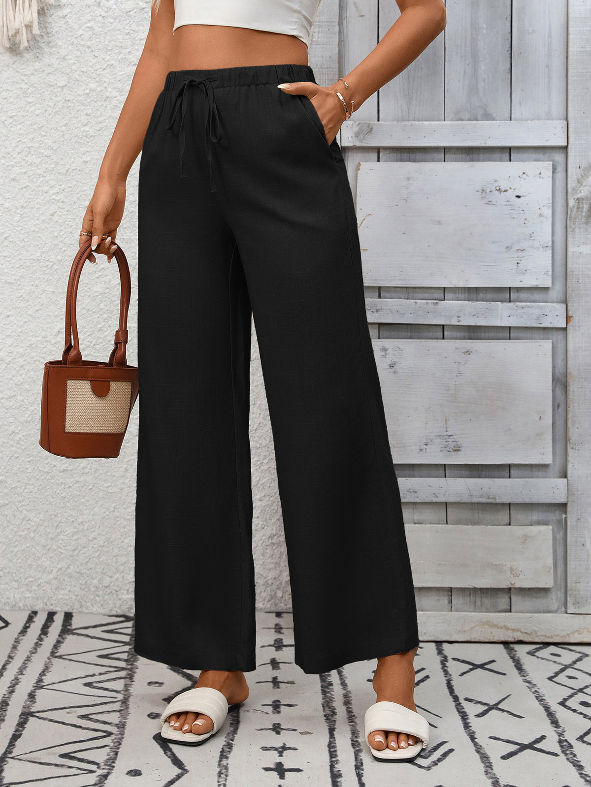 Drawstring High Waist Wide Leg Pants