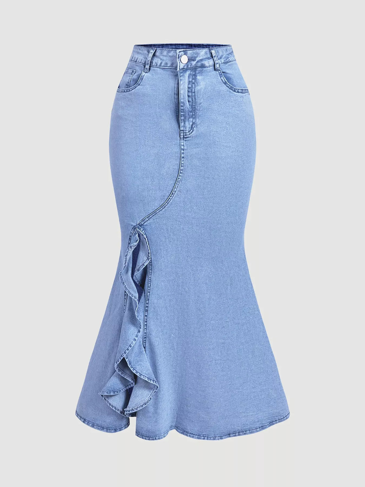 Ruffled Mermaid Denim Skirt in Blue