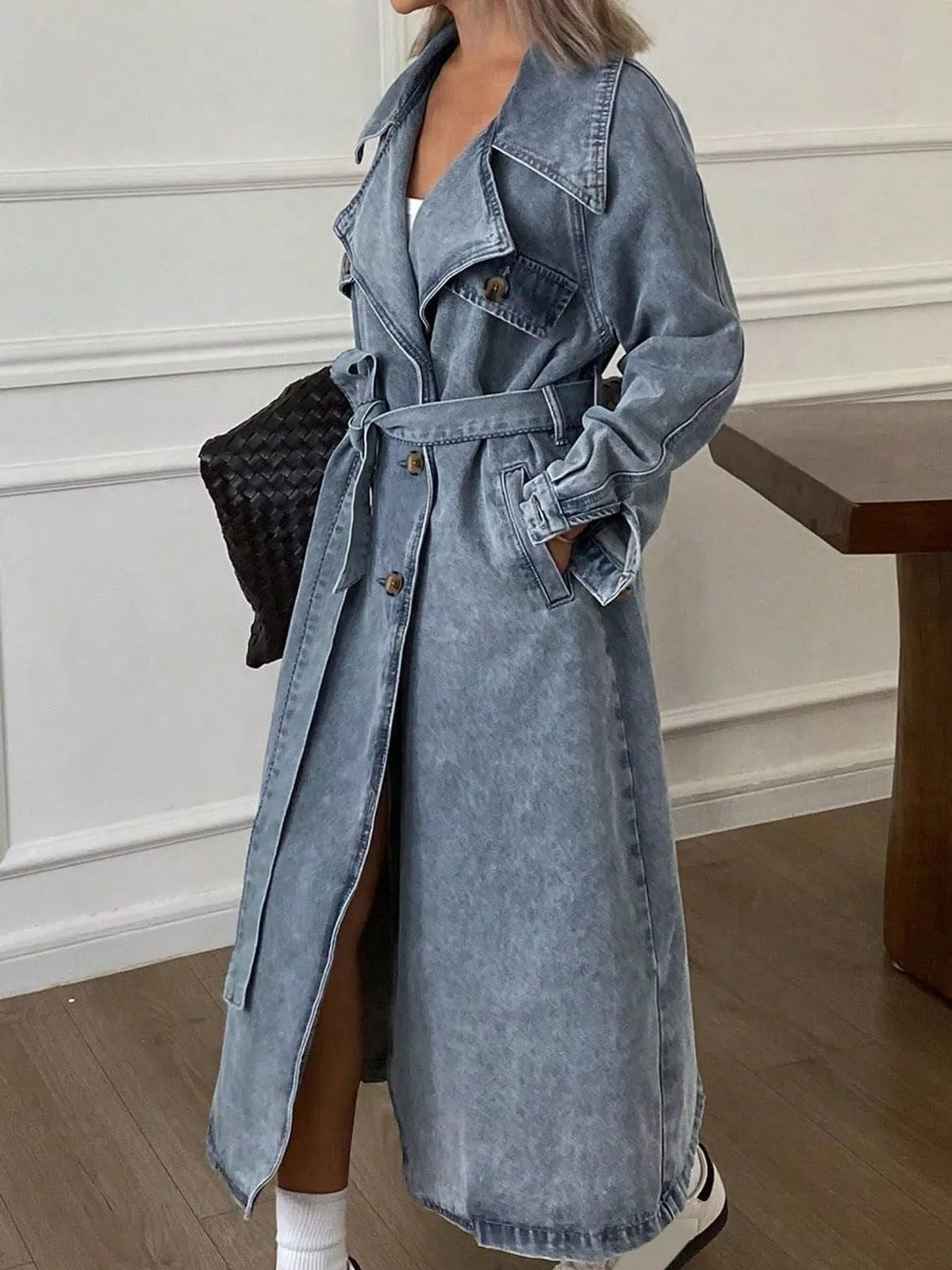 Longline Washed Denim Trench Jacket in Blue