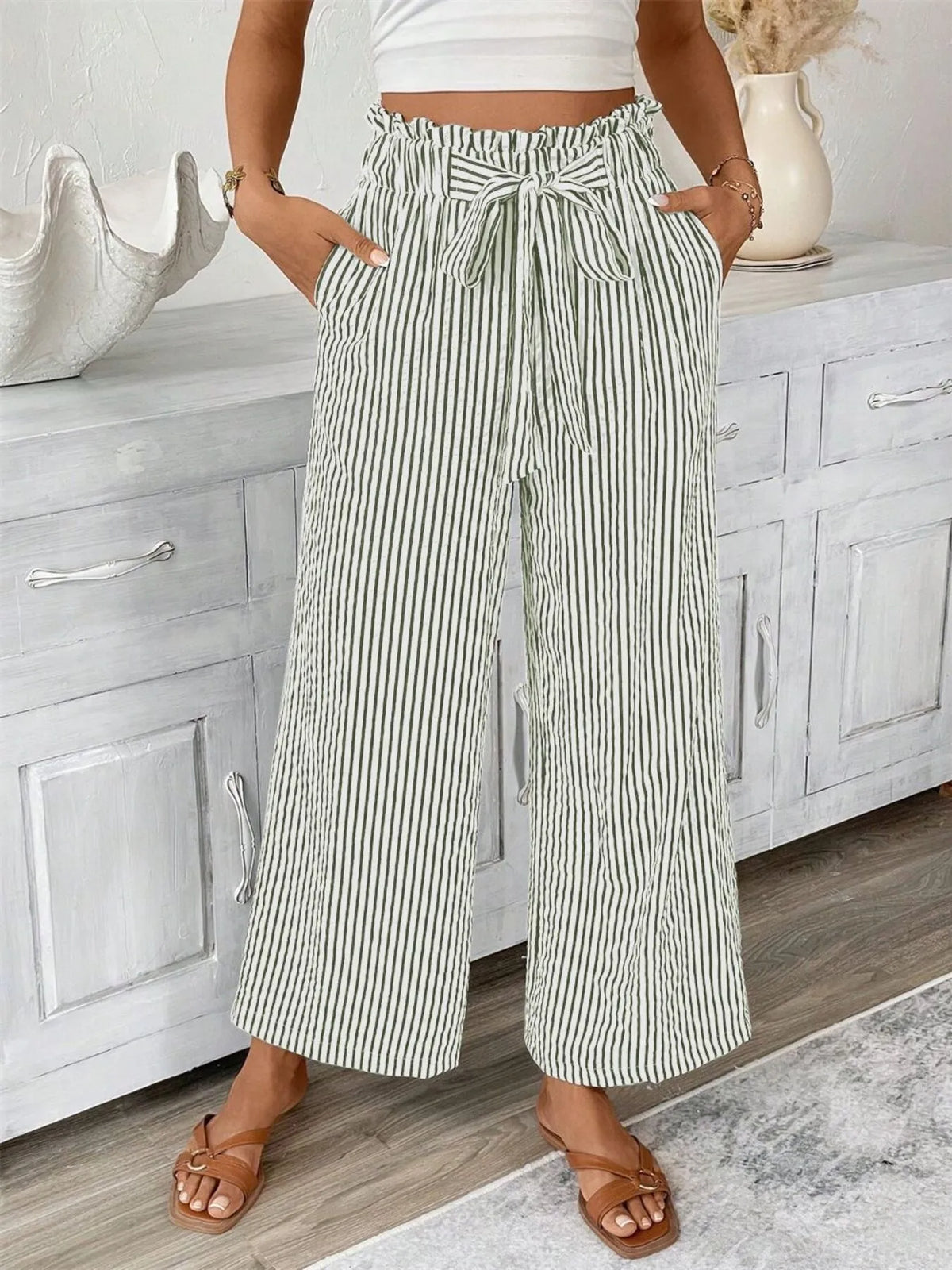 Striped Wide Leg Paper Bag Pants