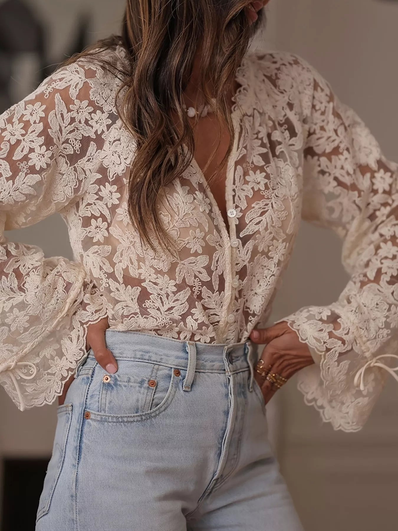 Lace Button-Up Long Sleeve Shirt in Beige