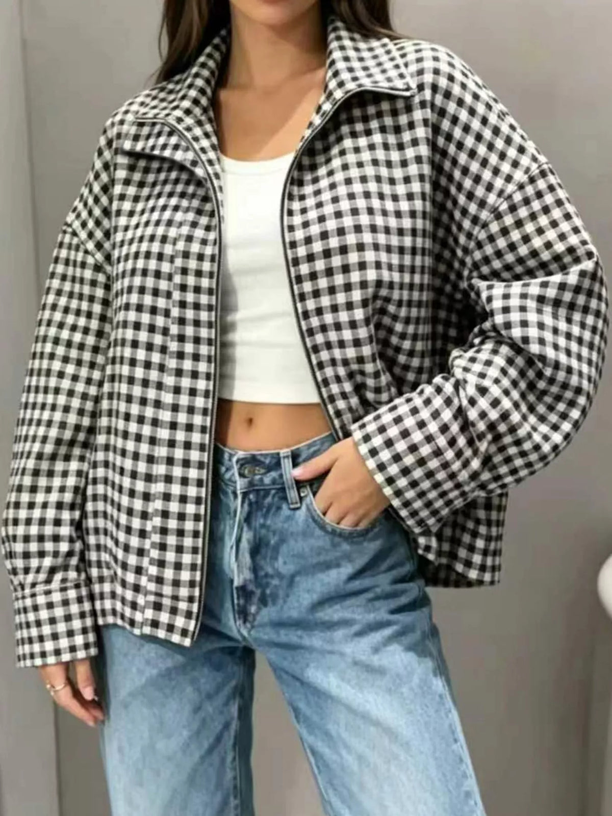 Oversized Plaid Zip-Up Jacket