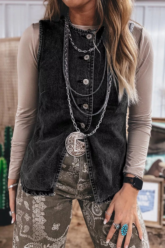 Vintage Wash Button-Down Denim Vest in Black