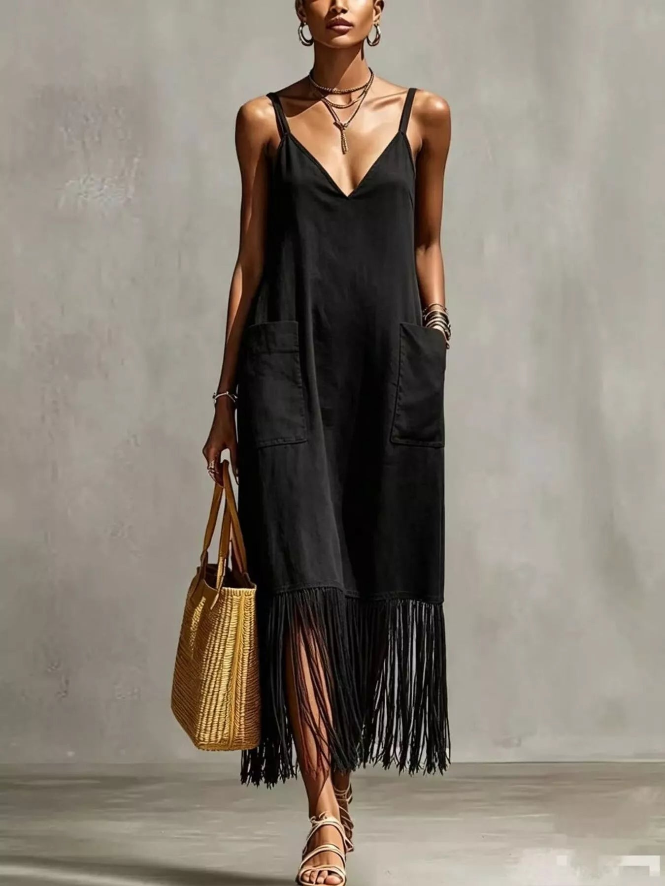 Fringe V-Neck Spaghetti Strap Dress