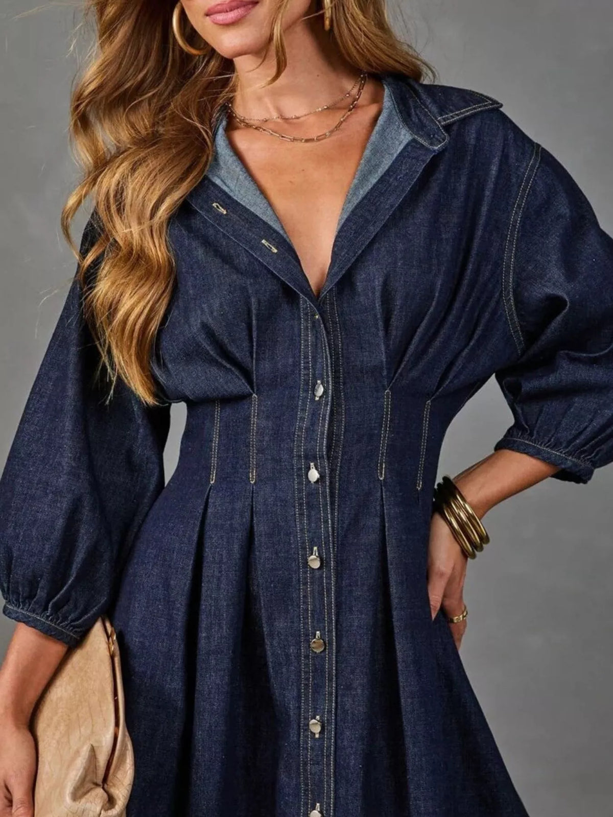 Button Down 3/4 Sleeve Denim Dress in Dark Blue