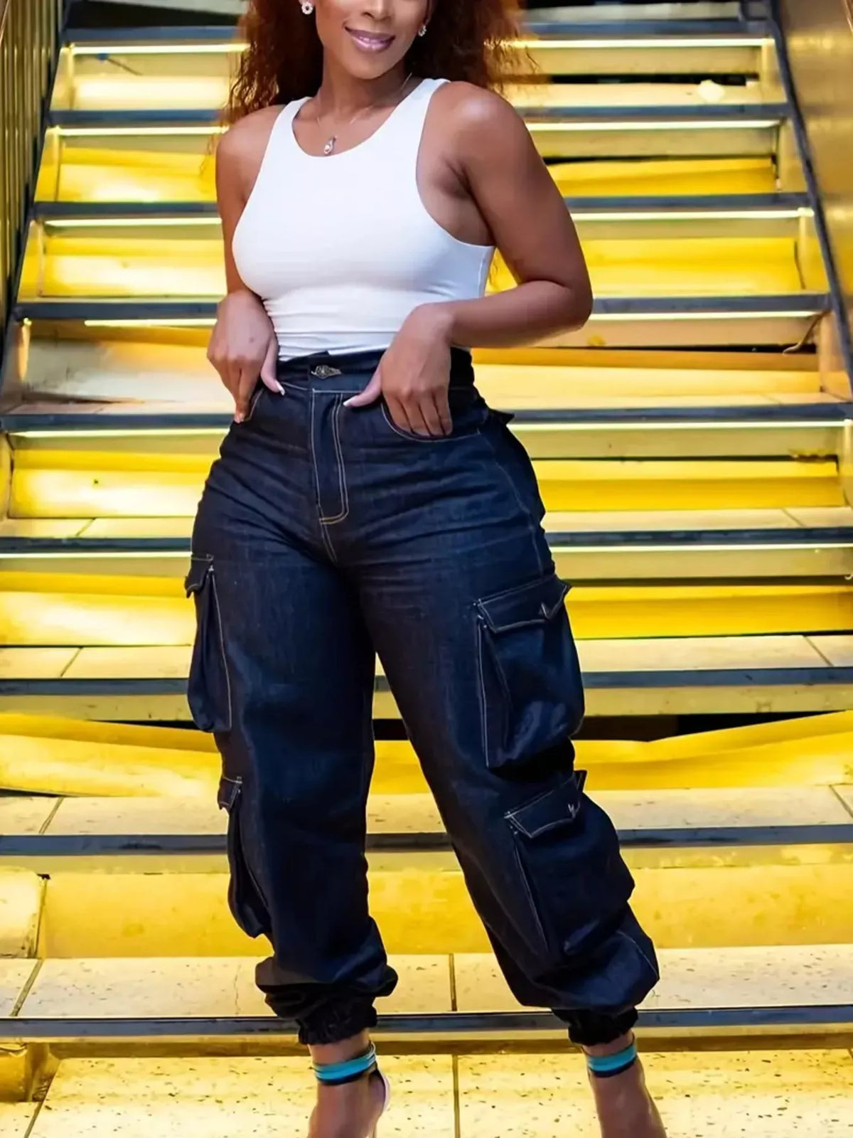Plus Size High-Waisted Cargo Jeans in Blue