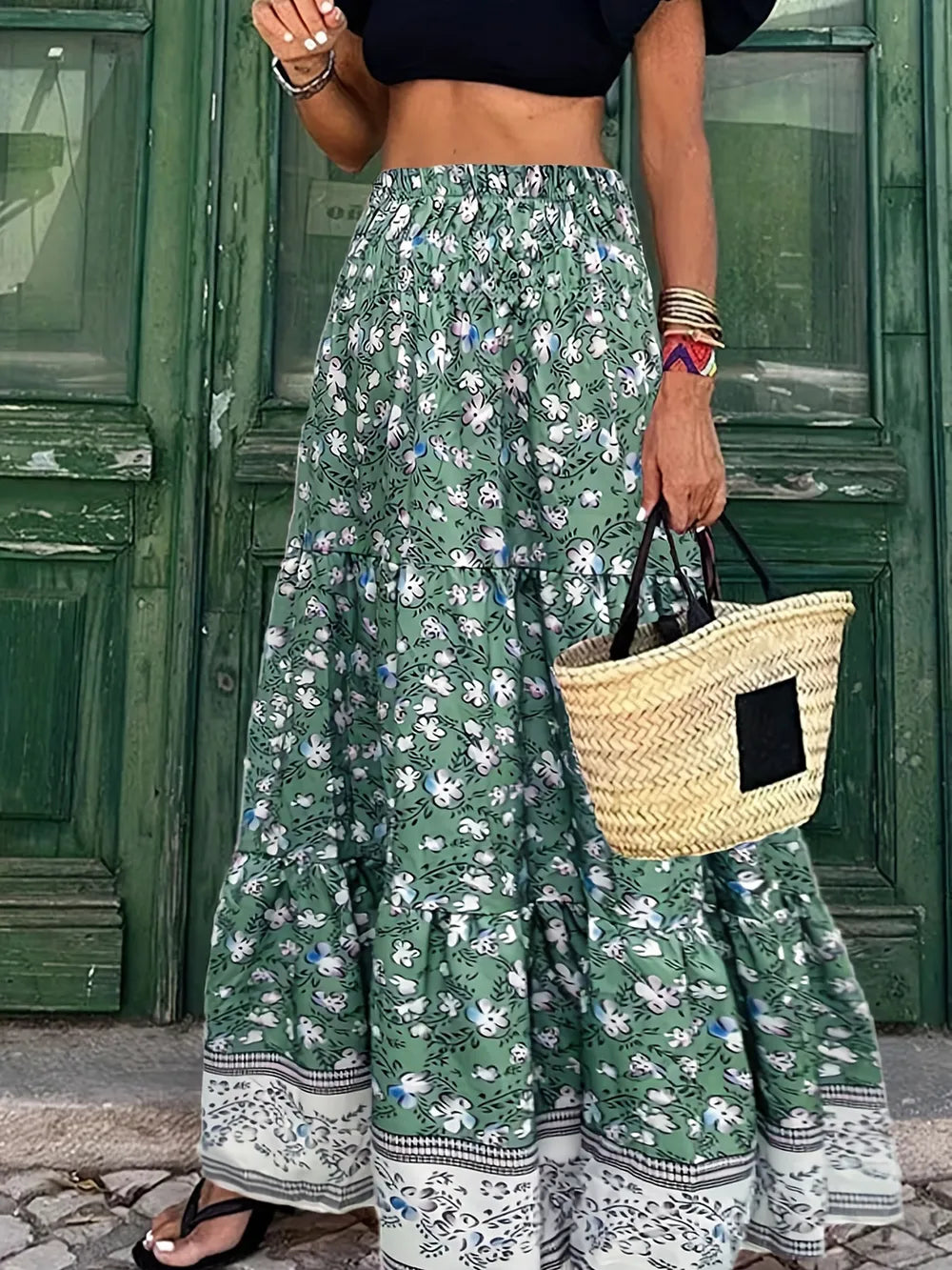 Tiered Printed Elastic-Waist Skirt