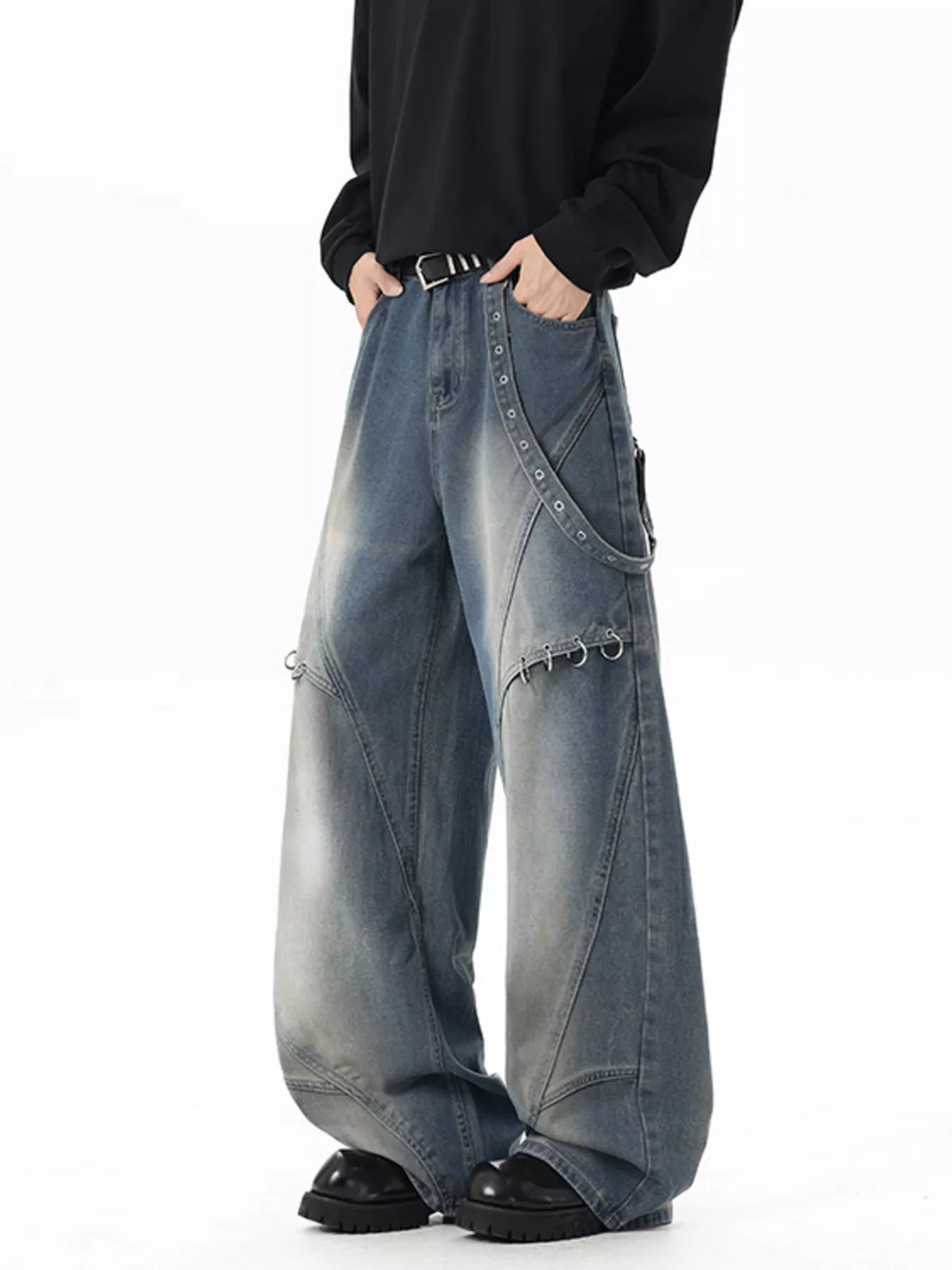 Belted Wide Leg Jeans with Chain Detail