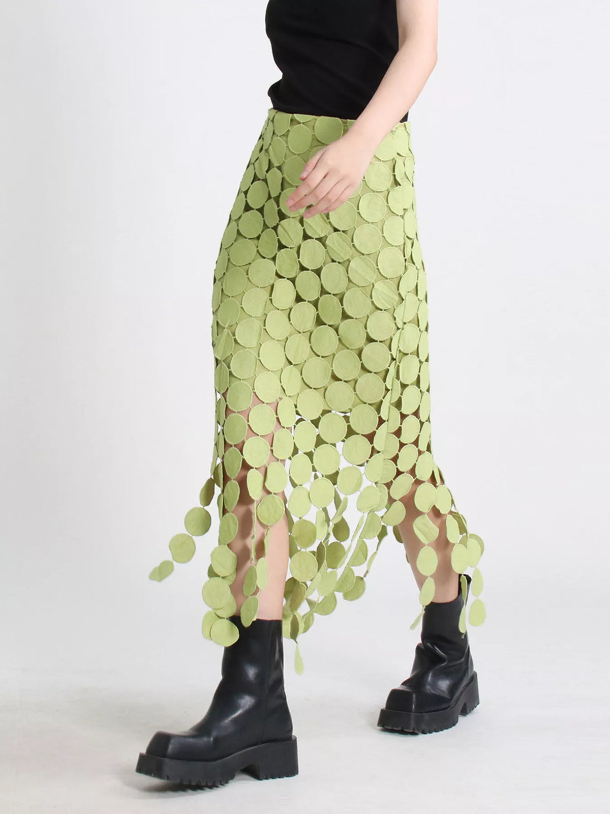 Fringe Midi Skirt with Asymmetrical Cutout