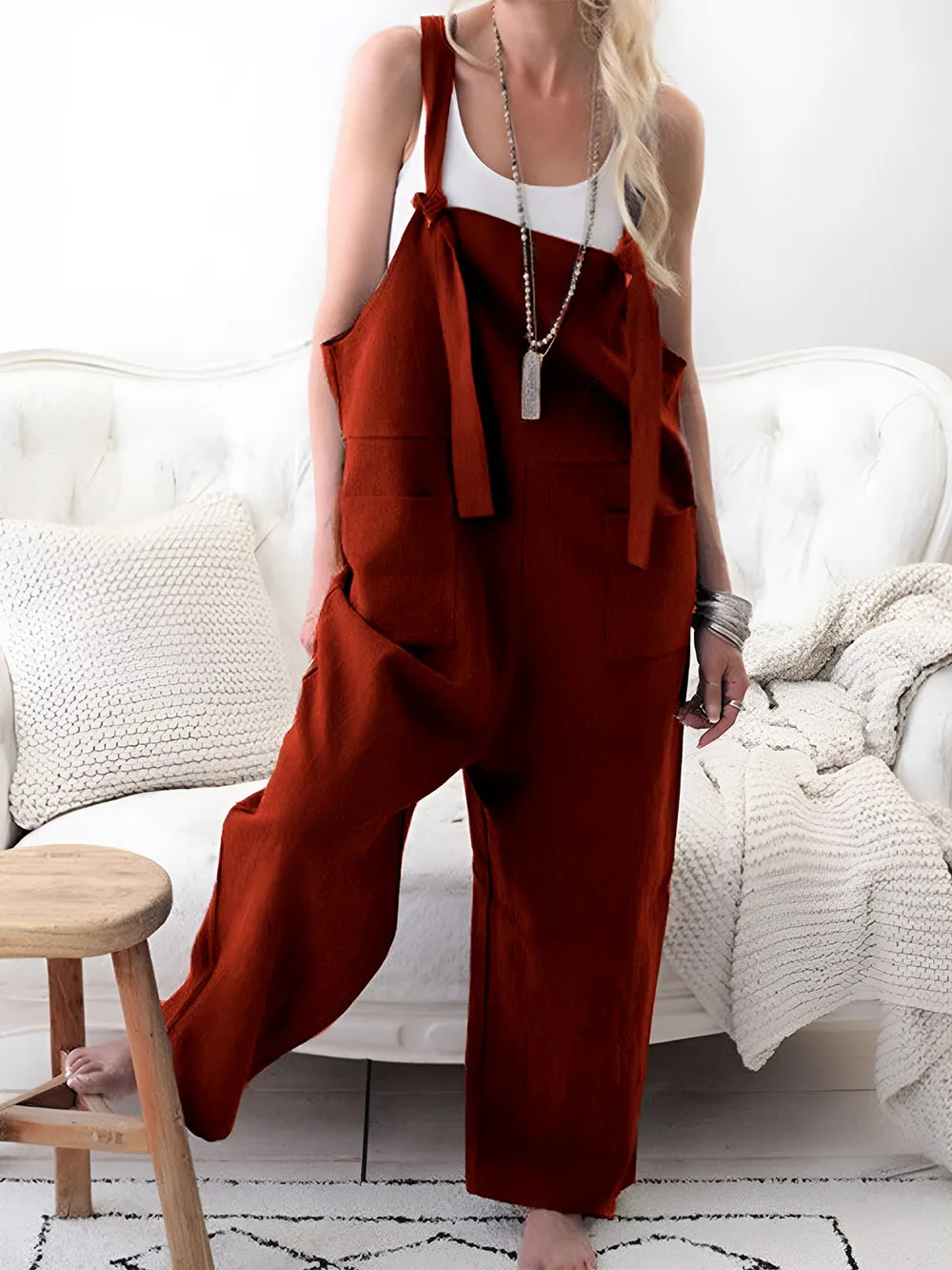 Pocketed Wide Strap Overalls in Burgundy