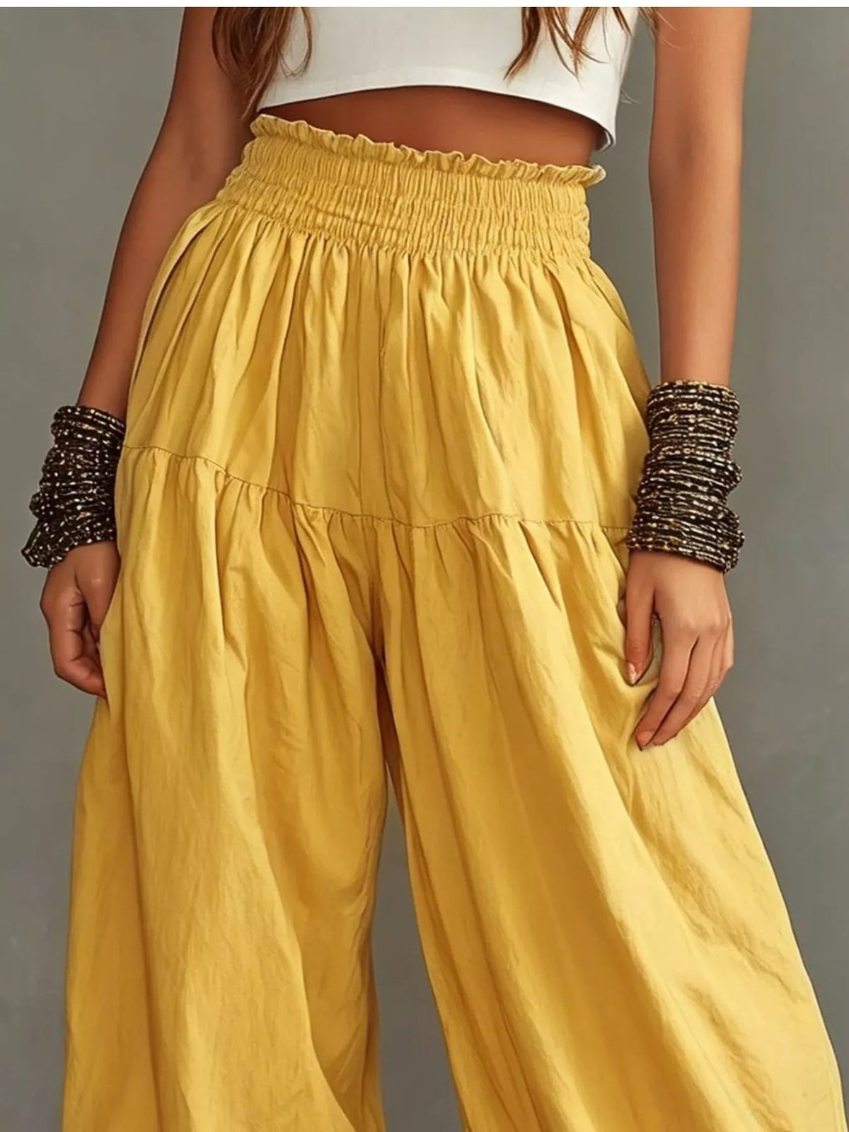 Smocked Ruffle Hem Wide Leg Pants