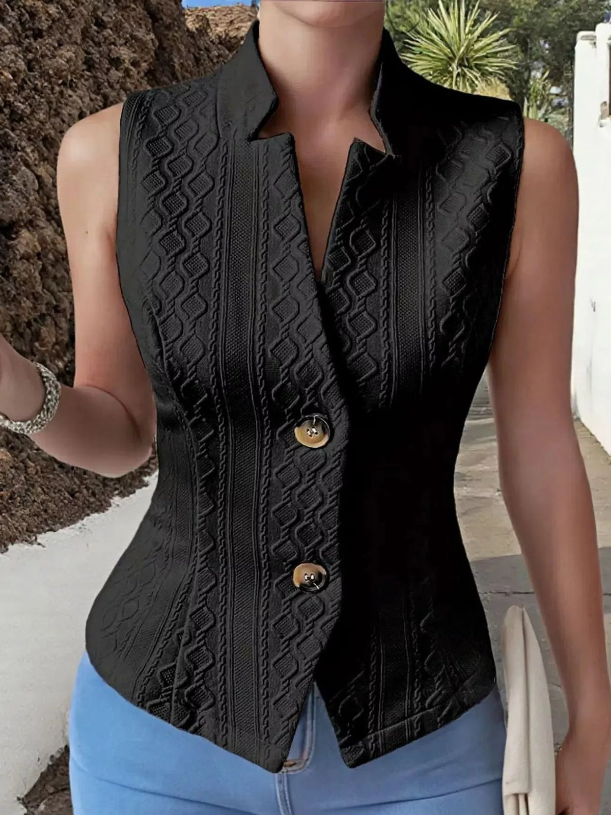Textured Slim-Fit Button-Down Vest Coat