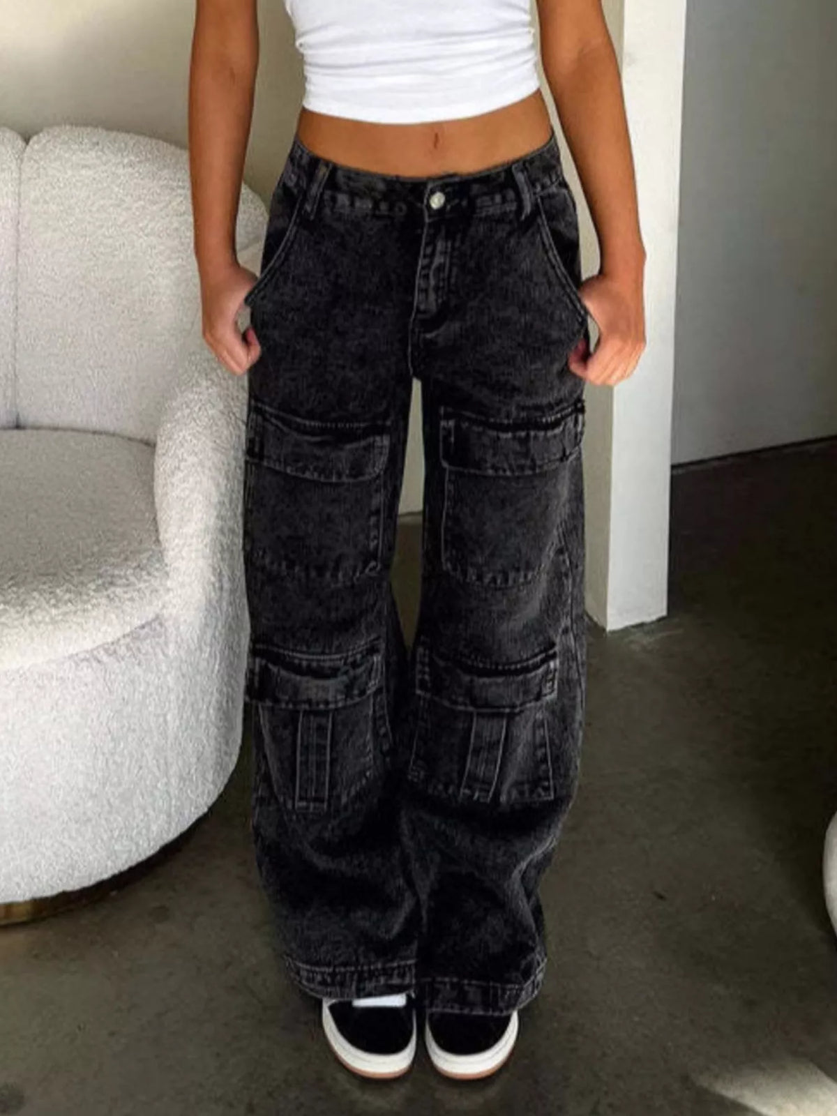 Zip-Front High-Waisted Wide-Leg Cargo Jeans by Dreamy Drapes