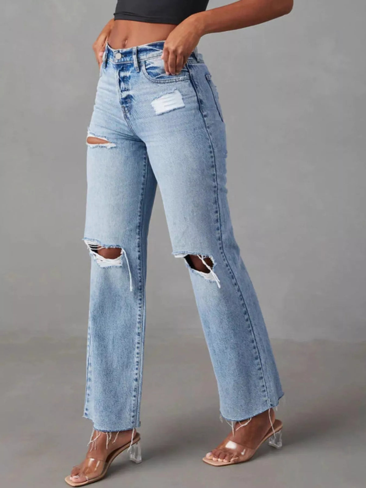 High-Waisted Distressed Jeans in Blue